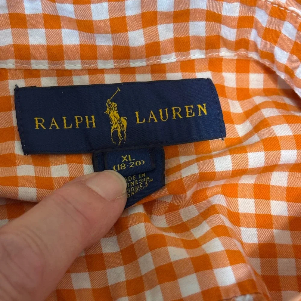 Ralph Lauren Button Down Kids XL 18-20 Orange Gingham Short Sleeve Pony